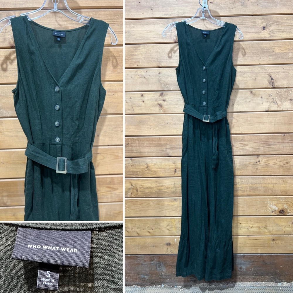 Who What Wear Hunter Green Linen Blend Wide Leg Jumpsuit — Small, Belted